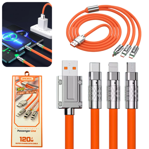 Cable USB 3 en1 Salida Tipo C/Lightning/Micro 120W