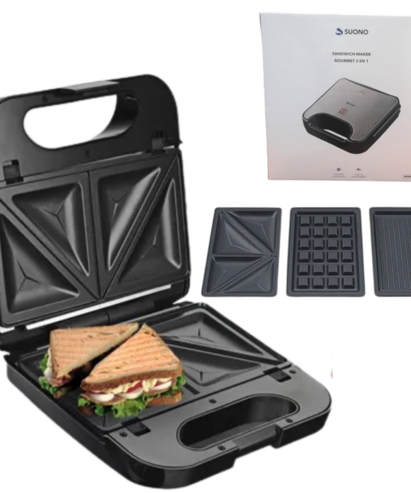 Sandwichera 3 en 1 SUONO Antiadherente Acero Inox Color Negro 850W