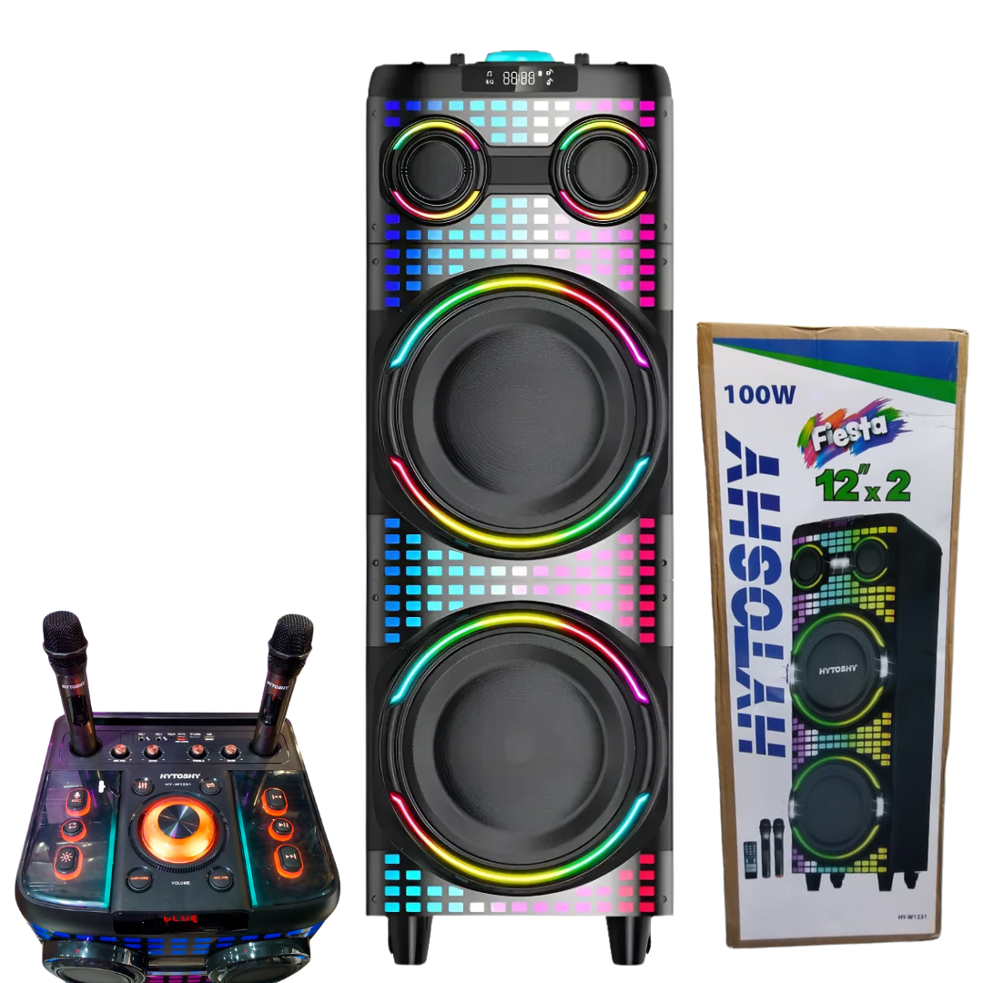 Parlante Bluetooth RGB 2x 12" Pulgadas con Doble Microfono HYTOSHY HY-W1231 Parlante Bluetooth RGB 2x 12" Pulgadas con Doble Microfono HYTOSHY HY-W1231
