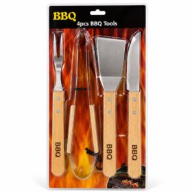 KIT DE PARRILLA. pinza, tenedor, cuchillo y espatula BBQ X4PCS HOG0657
