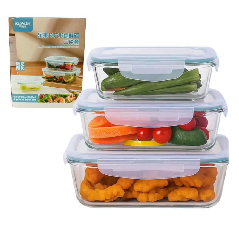 Set de Tuppers de Vidrio Hermeticos x3Pcs 410ml-680ml-1040ml LMCW