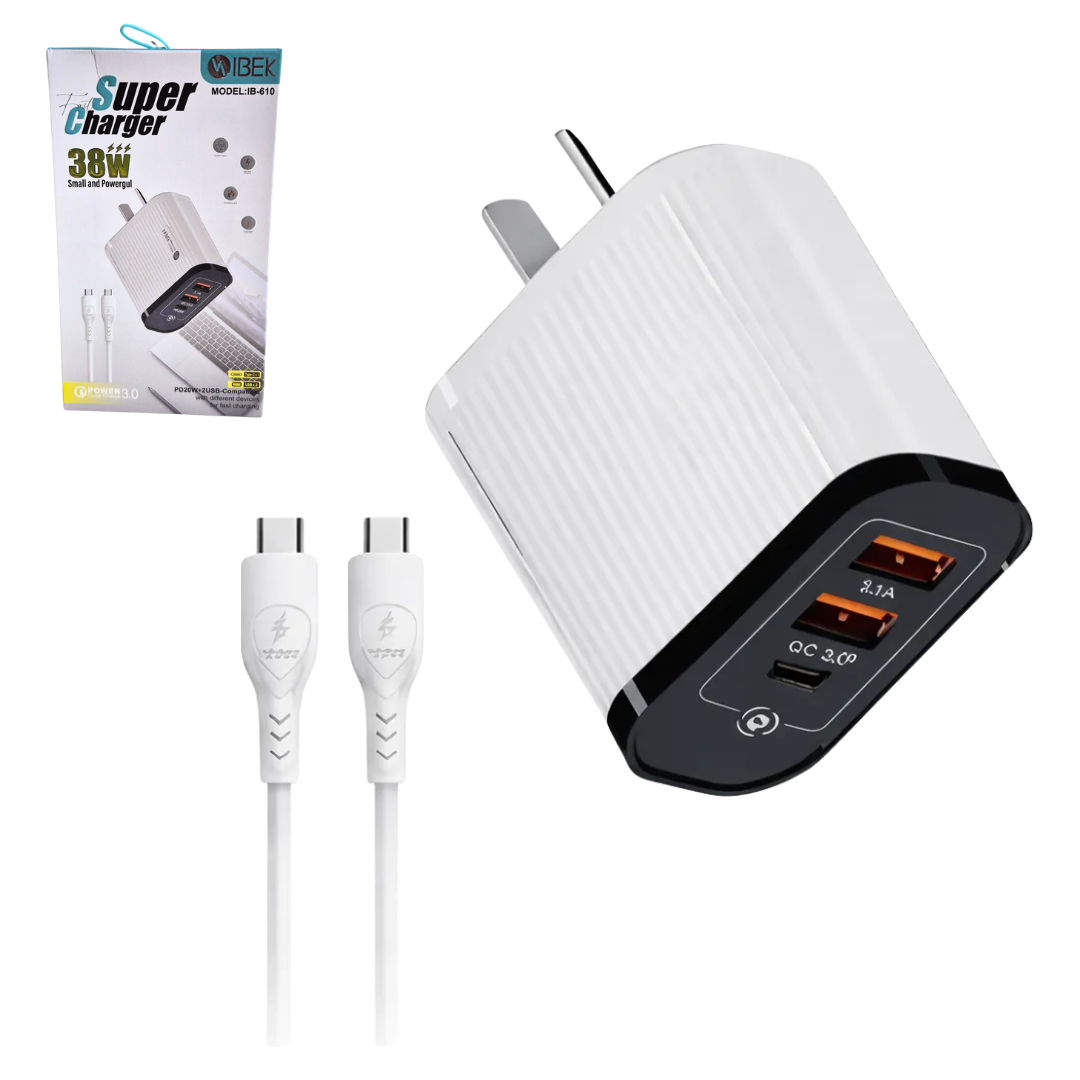 Cargador Ibek 38W 3 Puertos c/cable C a C SUPER CHARGER IB-610 Cargador Ibek 38W 3 Puertos c/cable C a C SUPER CHARGER IB-610
