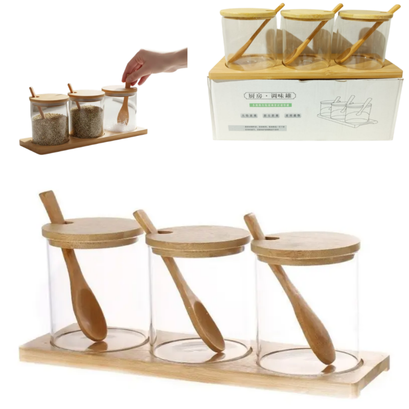 SET DE FRASCOS DE VIDRIO CON TAPA MADERA AD47901