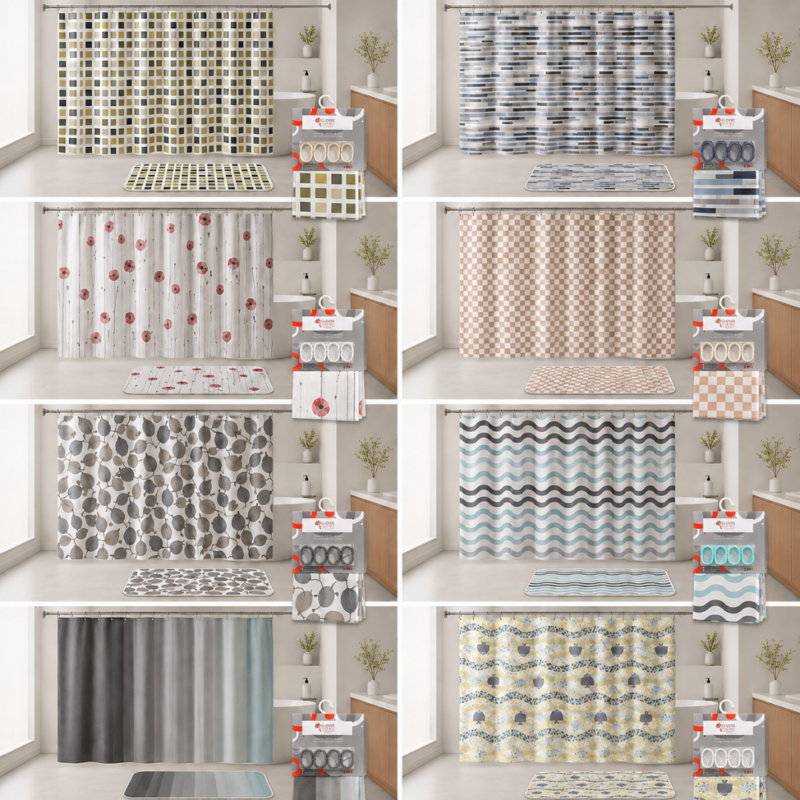 SET De Ducha Cortina + Alfombra + Ganchos CLOVER HOME 3EN1