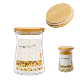 FRASCO DE VIDRIO CON TAPA MADERA 10X15CM MD-0225