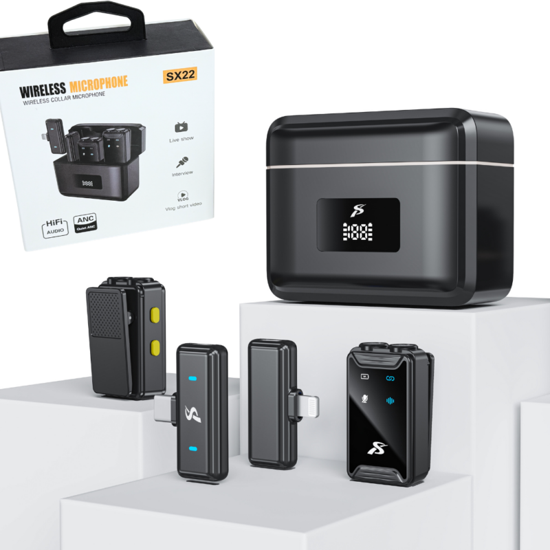 Microfono Corbatero x2 Adaptador C y Lightning Estuche Recargable SX22
